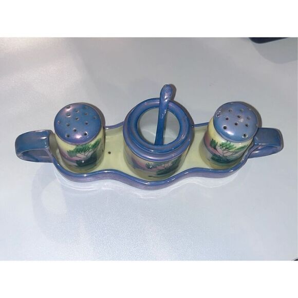 Vintage Lusterware condiment set. Made In Japan Blue Lusterware SP tray spn - Picture 10 of 11